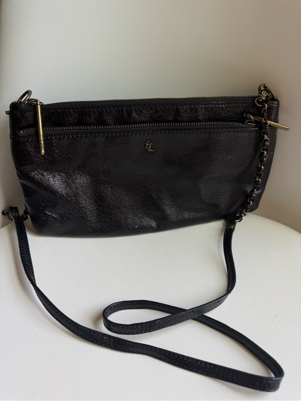 Elliott Lucca Messina Black Leather Double Zip Crossbody Bag Chain Strap